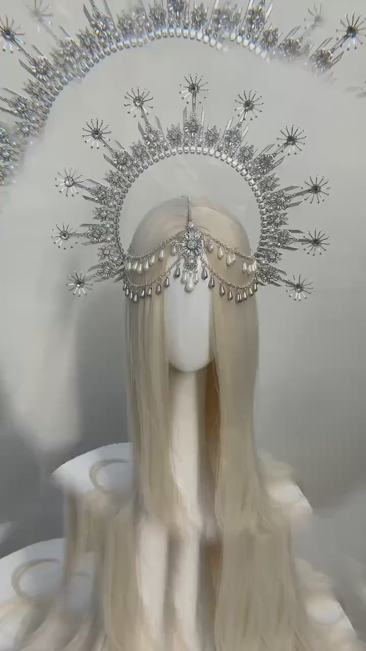Load and play video in Gallery viewer, Silver Celestial Halo Crown Snow Goddess Bridal Wedding Headpiece
