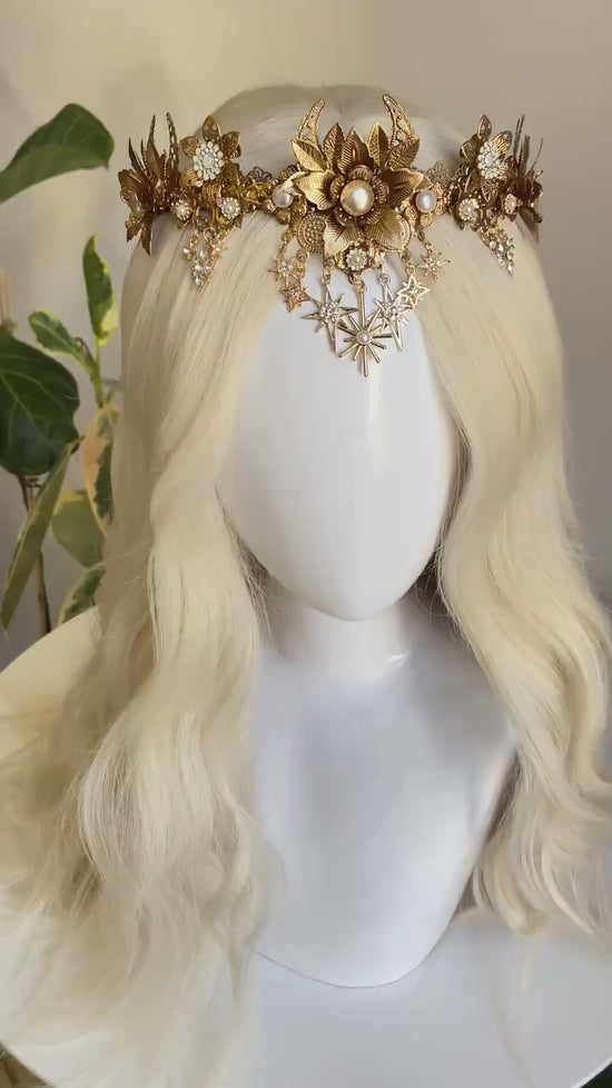 Celestial Star Crown, Gold Silver Tiara, Moon Goddess Headpiece, Boho Bridal Halo, Festival Wedding Crown, Mystic Bridal Tiara, Pearl Tiara