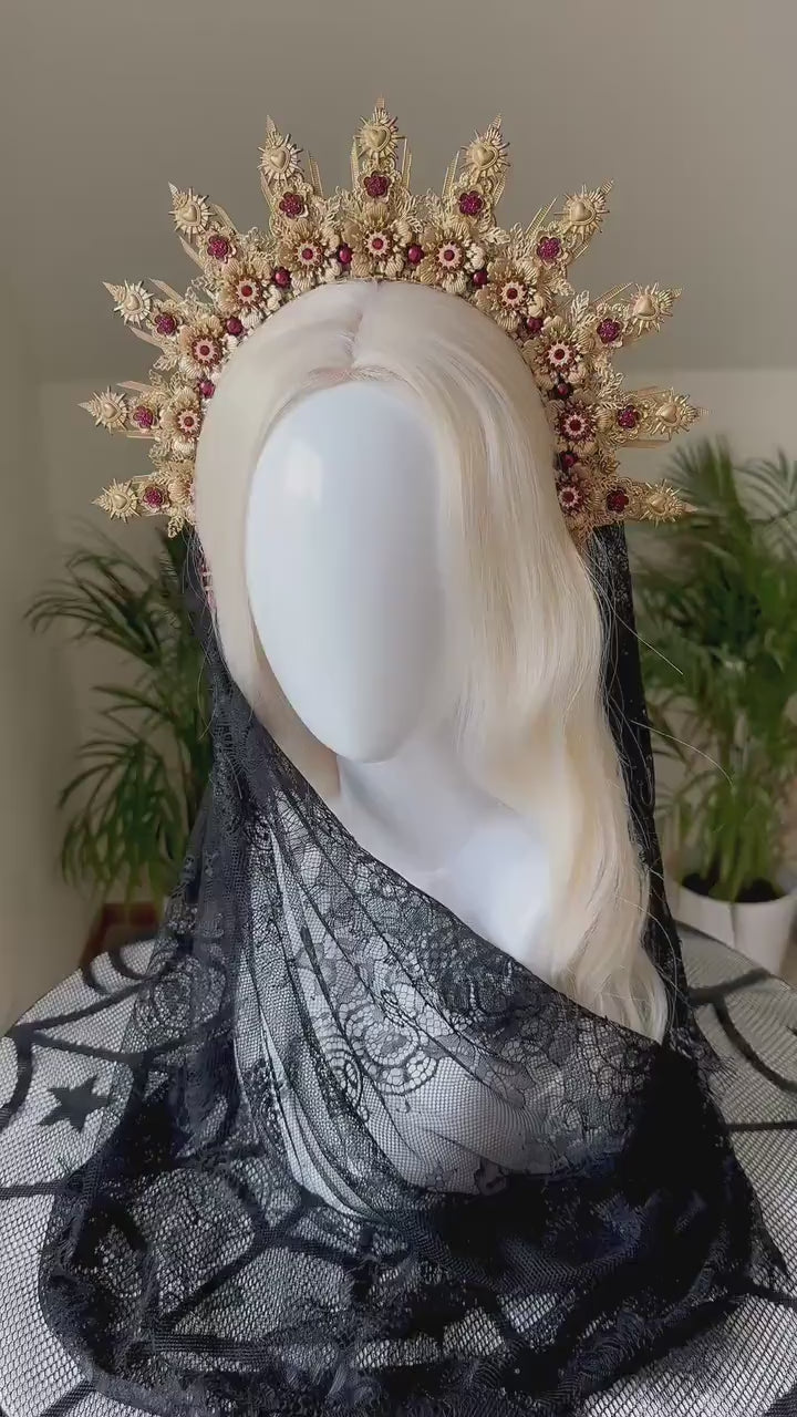 La Catrina Halo Crown, Gold Flower Halo, Dia De Los Muertos Crown, Burgundy Crystal Crown, Gothic Halo Tiara, Halloween Costume Crown