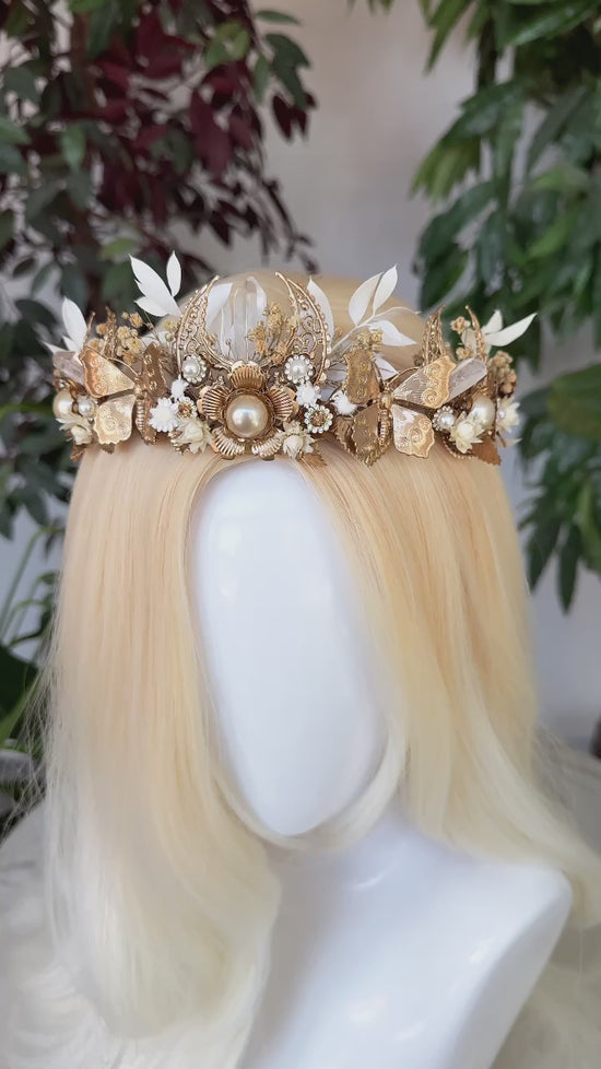 Load and play video in Gallery viewer, Beige Flower Crown Celestial Gold Wedding Tiara
