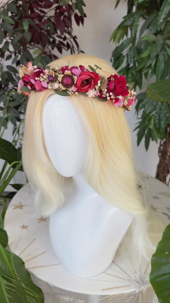 Load and play video in Gallery viewer, Red Flower Crown Celestial Gold Wedding Tiara
