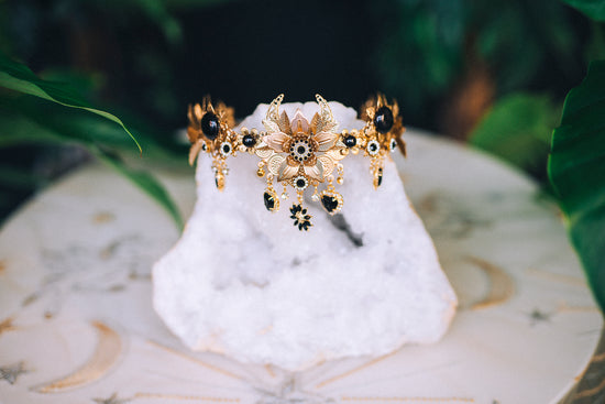 Load image into Gallery viewer, Black Flower Crown Celestial Gold Wedding Tiara
