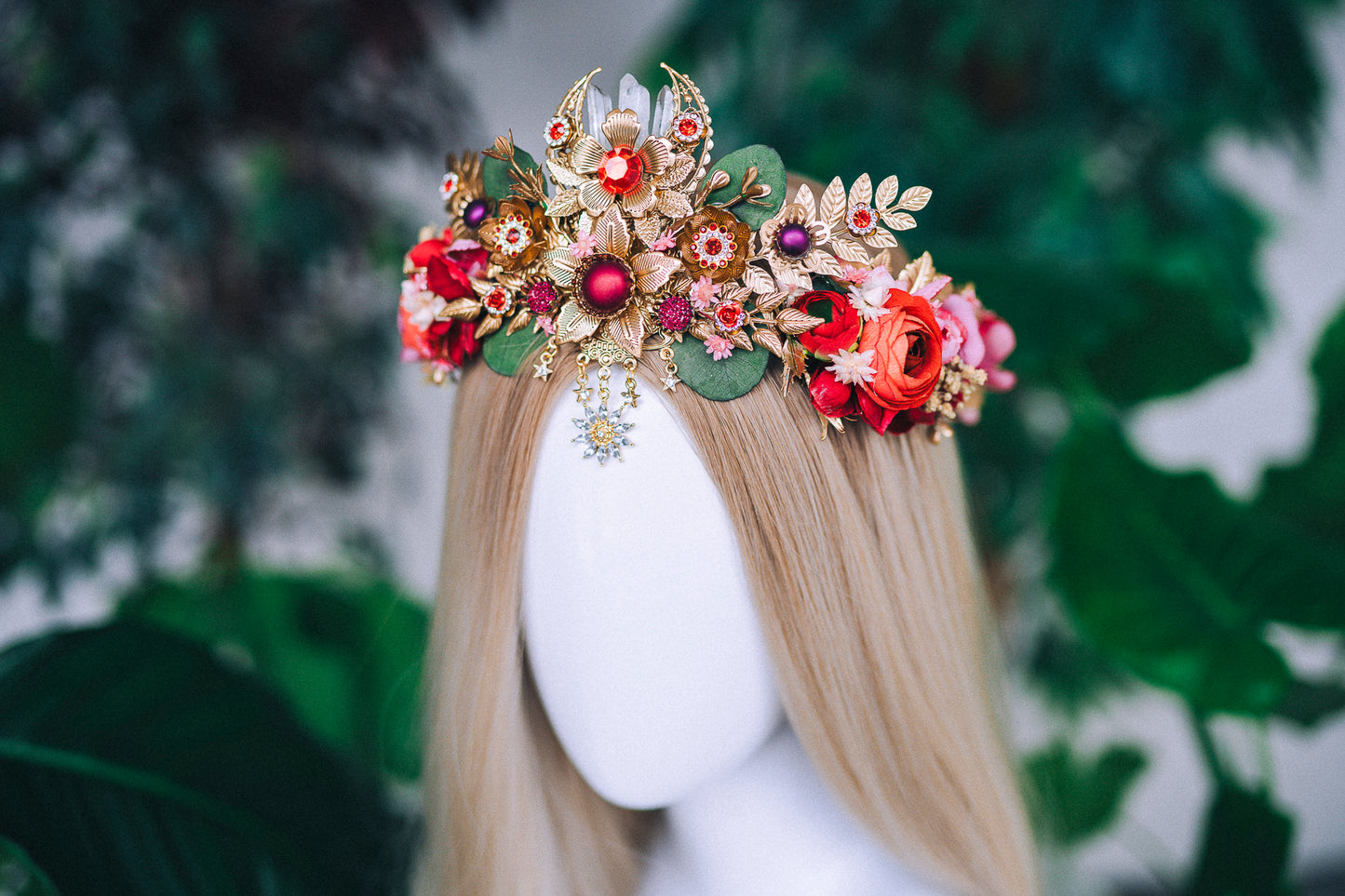 Load image into Gallery viewer, Red Flower Crown Celestial Gold Wedding Tiara

