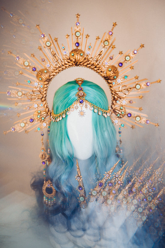 Halloween Mermaid Bra Top Shell Goddess Aquamarine Gold Crown