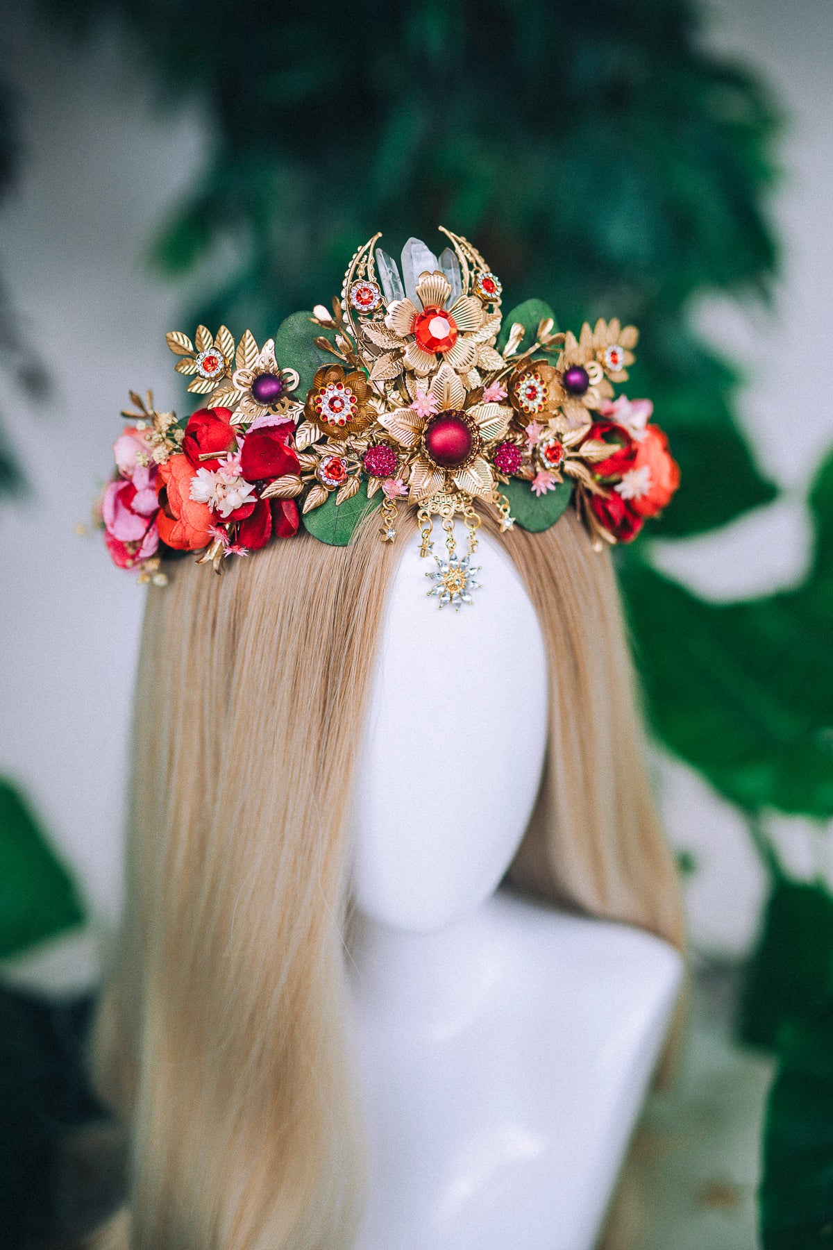 Load image into Gallery viewer, Red Flower Crown Celestial Gold Wedding Tiara
