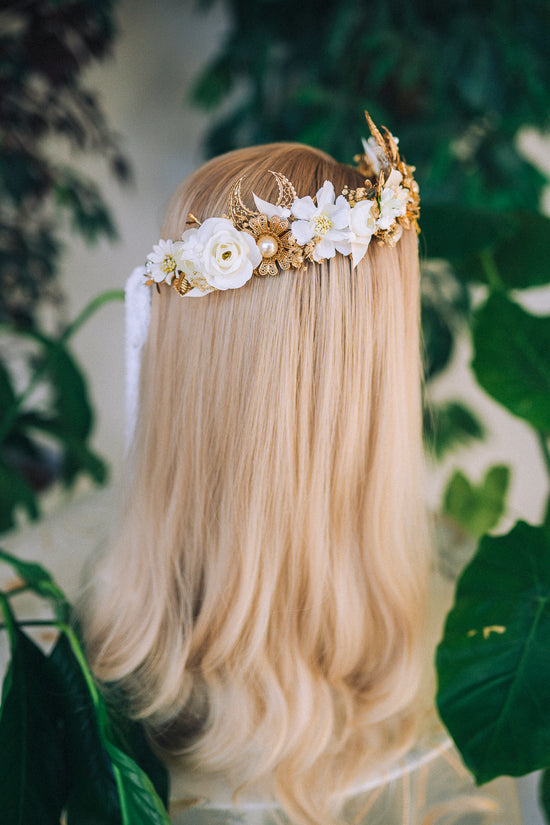 White Flower Crown Celestial Gold Wedding Tiara