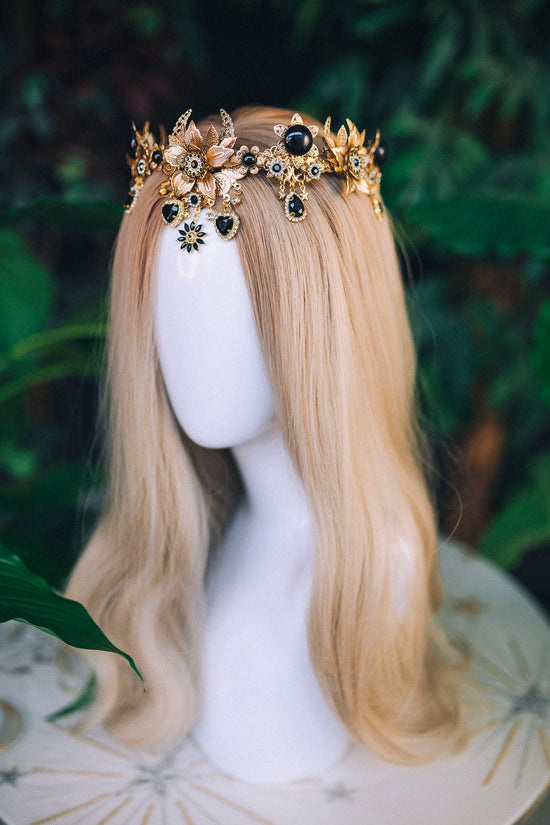 Load image into Gallery viewer, Black Flower Crown Celestial Gold Wedding Tiara
