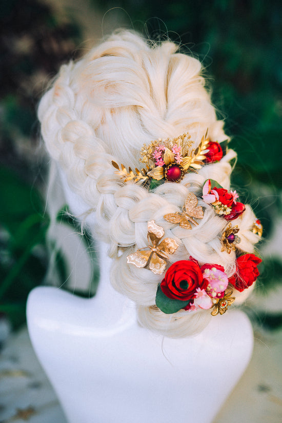 Red Boho Hairpins Flower Hair Comb Wedding Boho Bride