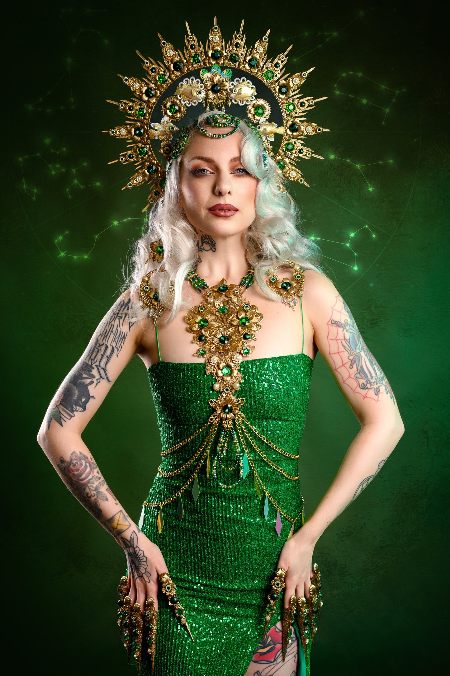 Pisces Zodiac Signs Gold Green Harness Festival Fashion